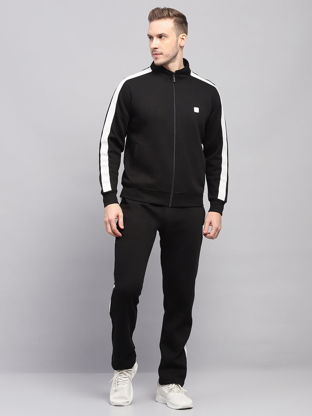 Men Black Solid Mock Neck Full Sleeve Winter Tracksuit