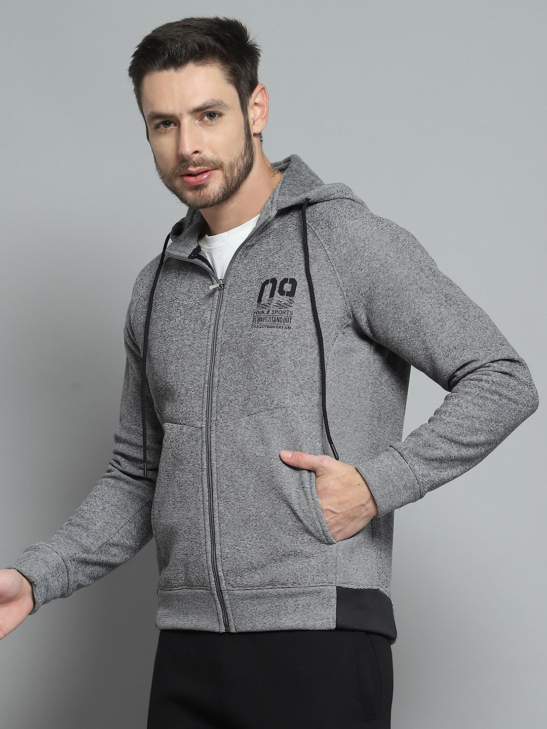 Men Grey Printed Hooded Full Sleeve Sweatshirt