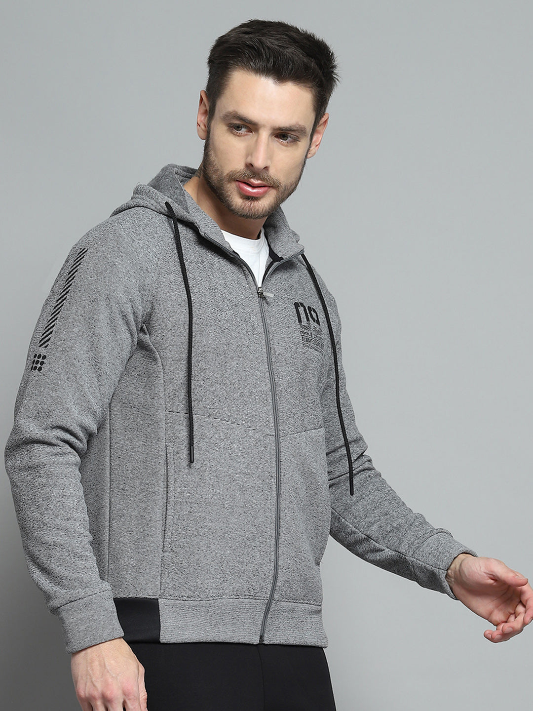 Men Grey Printed Hooded Full Sleeve Sweatshirt