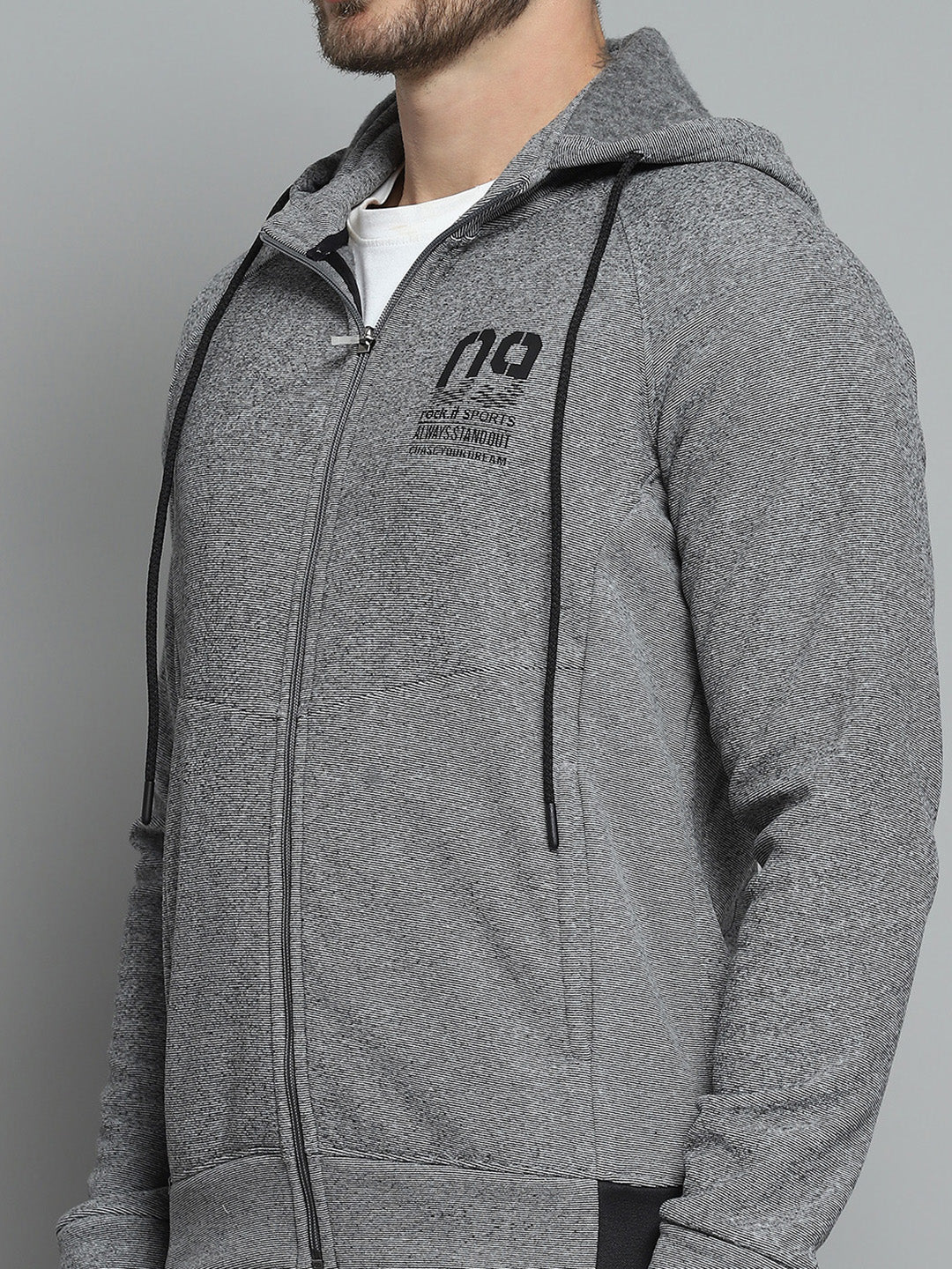 Men Grey Printed Hooded Full Sleeve Sweatshirt