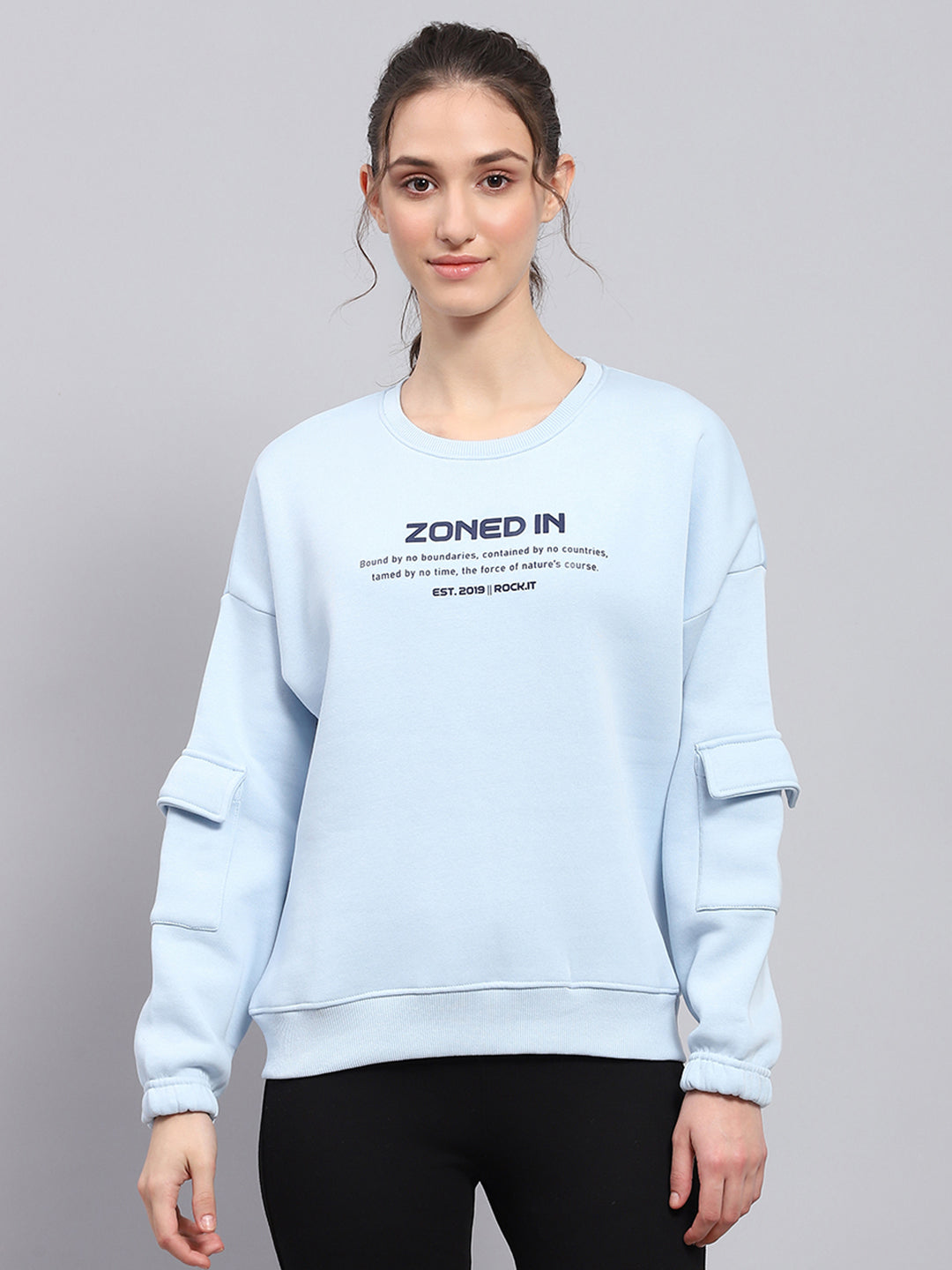 Women Sky Blue Printed Round Neck Full Sleeve Sweatshirt