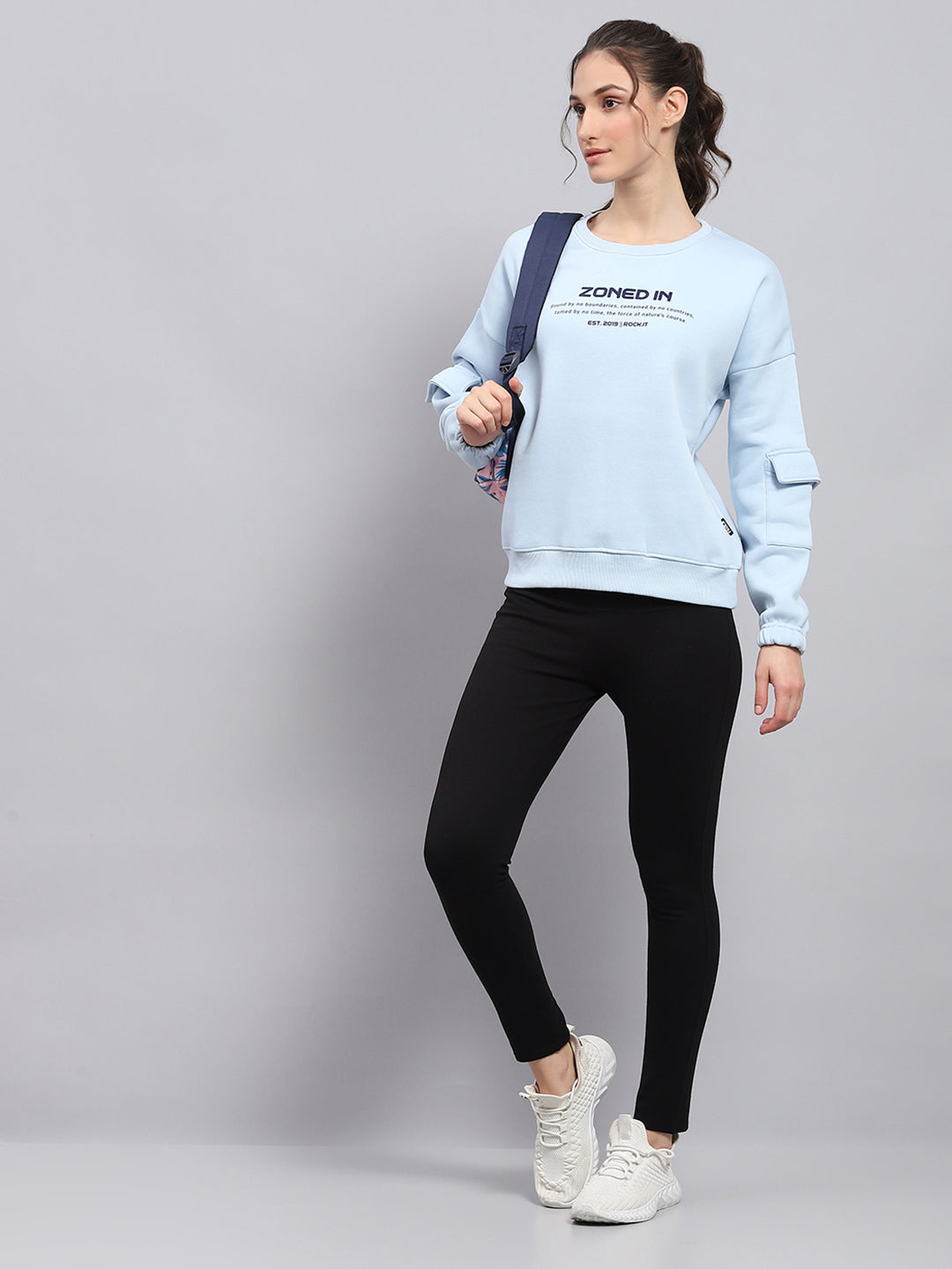 Women Sky Blue Printed Round Neck Full Sleeve Sweatshirt