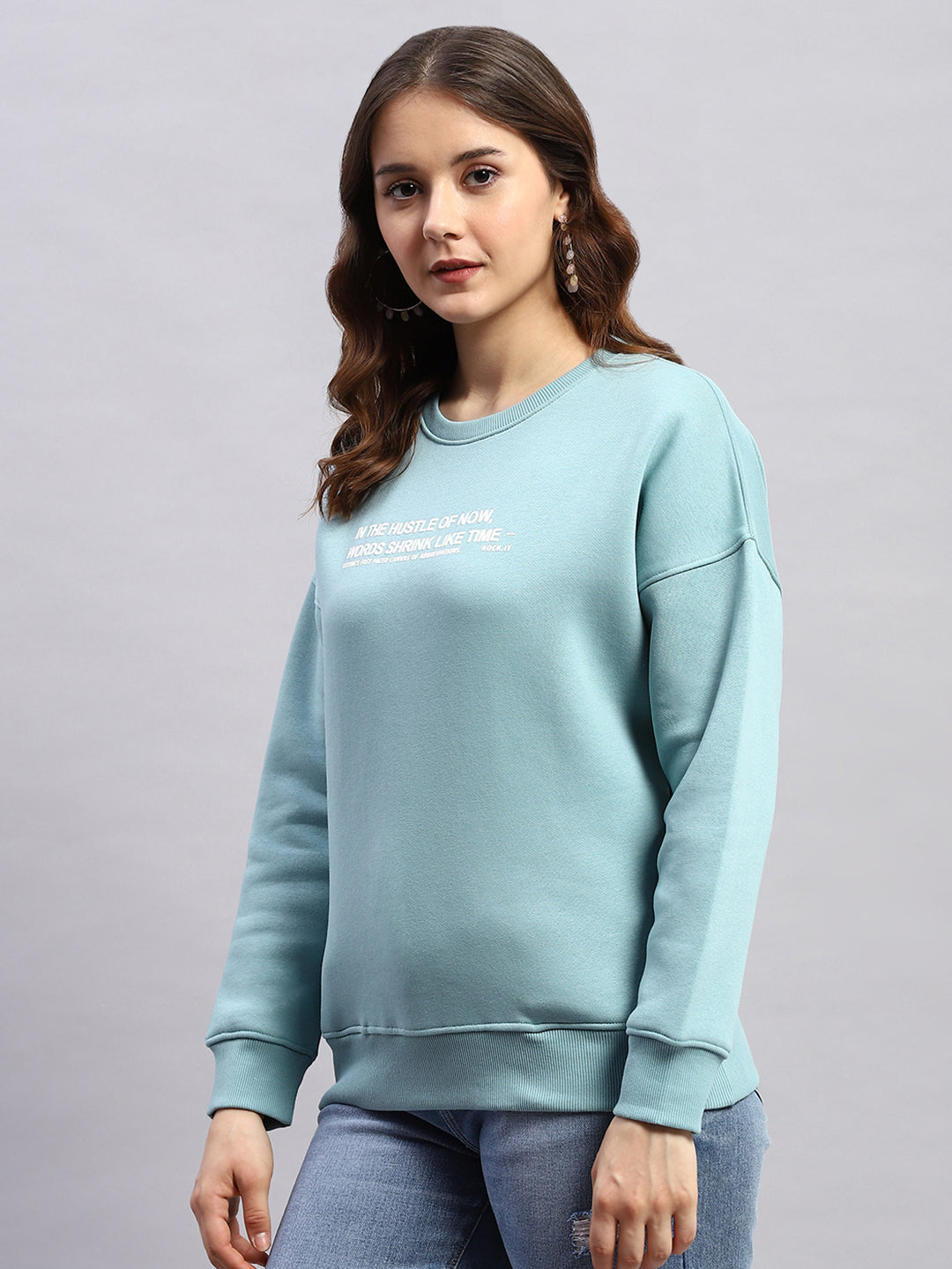 Women Blue Printed Round Neck Full Sleeve Sweatshirt