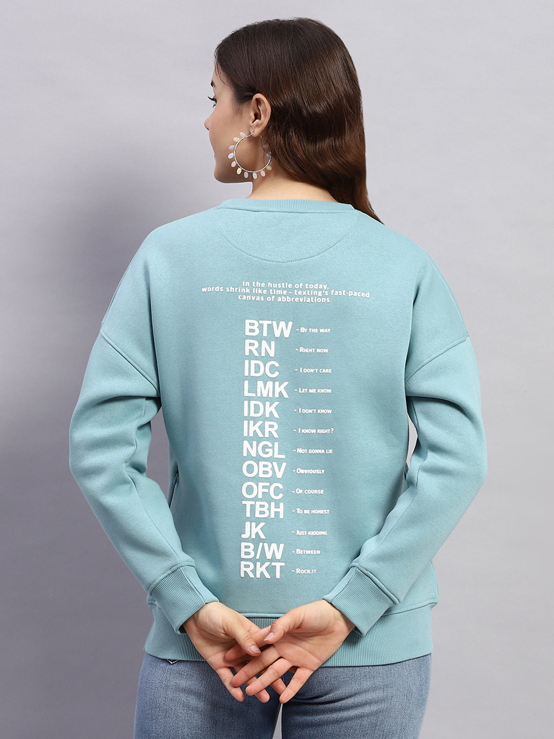 Women Blue Printed Round Neck Full Sleeve Sweatshirt