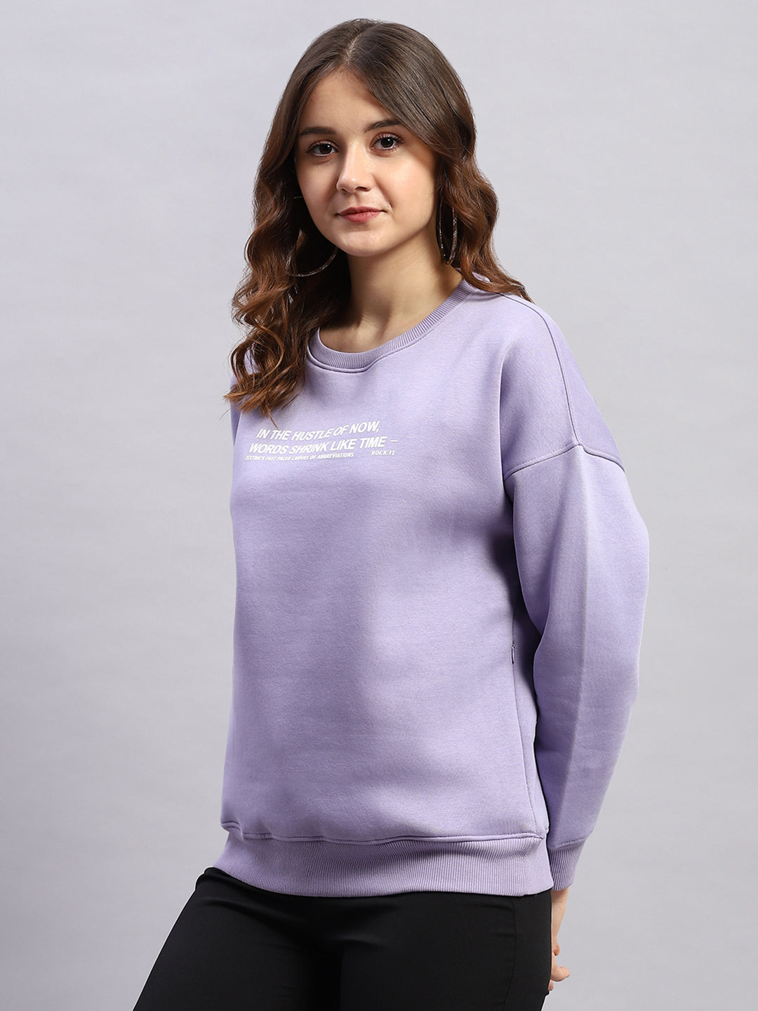 Women Purple Printed Round Neck Full Sleeve Sweatshirt