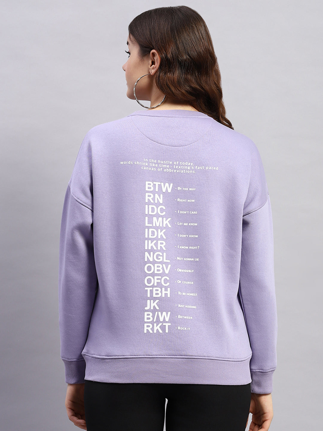 Women Purple Printed Round Neck Full Sleeve Sweatshirt