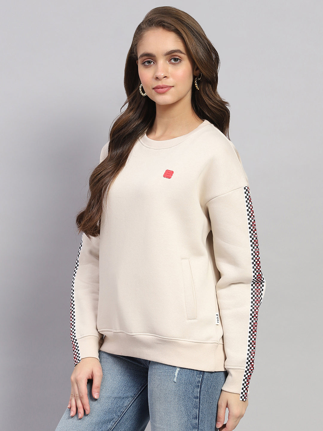 Women Beige Printed Round Neck Full Sleeve Sweatshirt