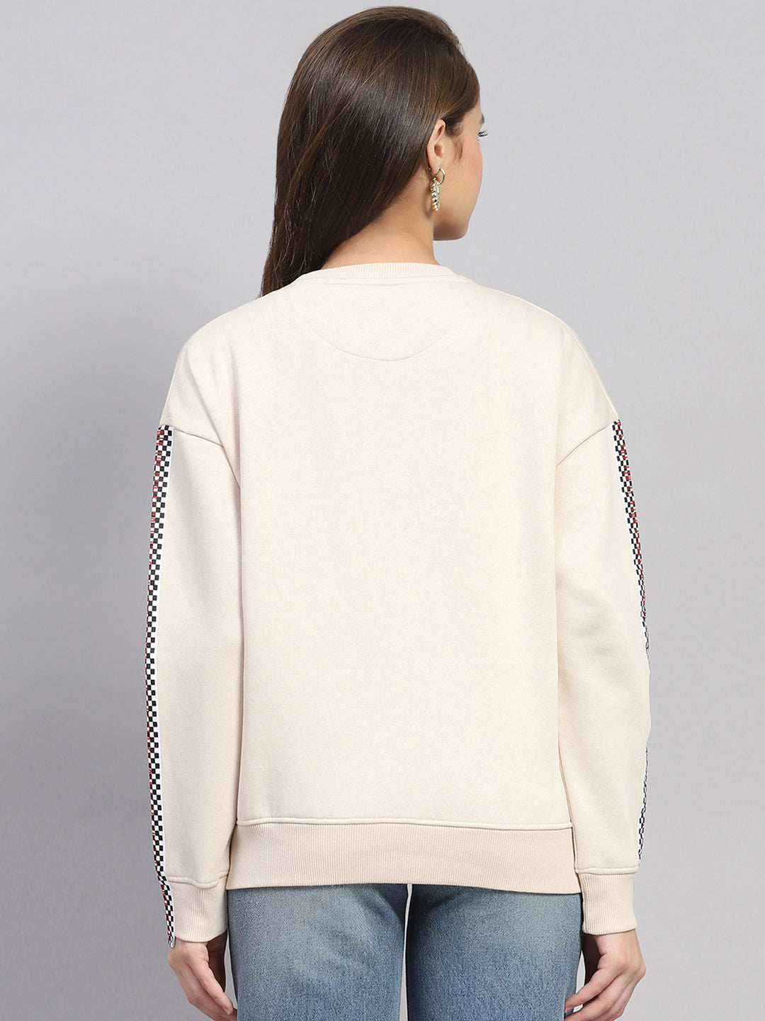 Women Beige Printed Round Neck Full Sleeve Sweatshirt