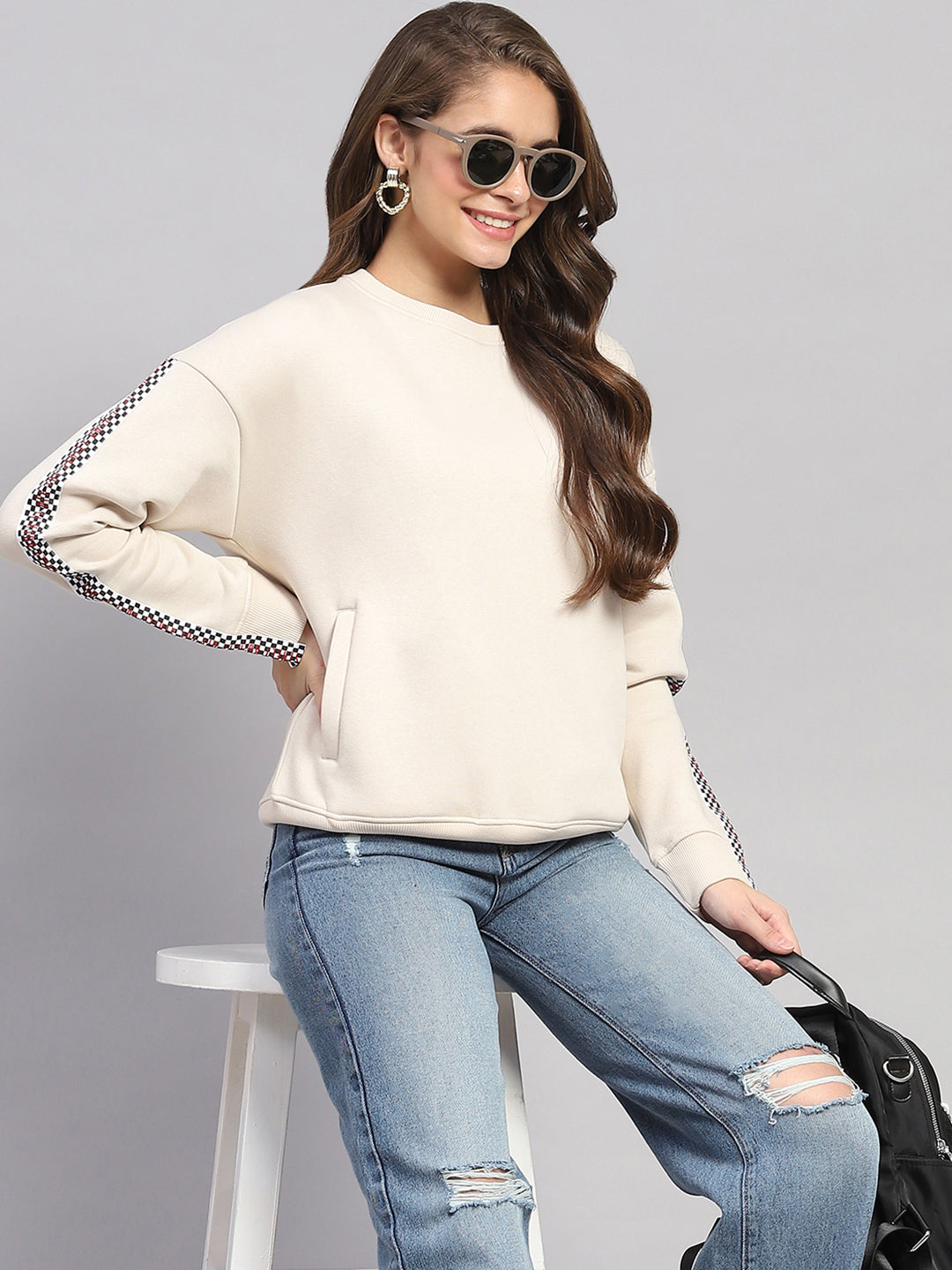 Women Beige Printed Round Neck Full Sleeve Sweatshirt