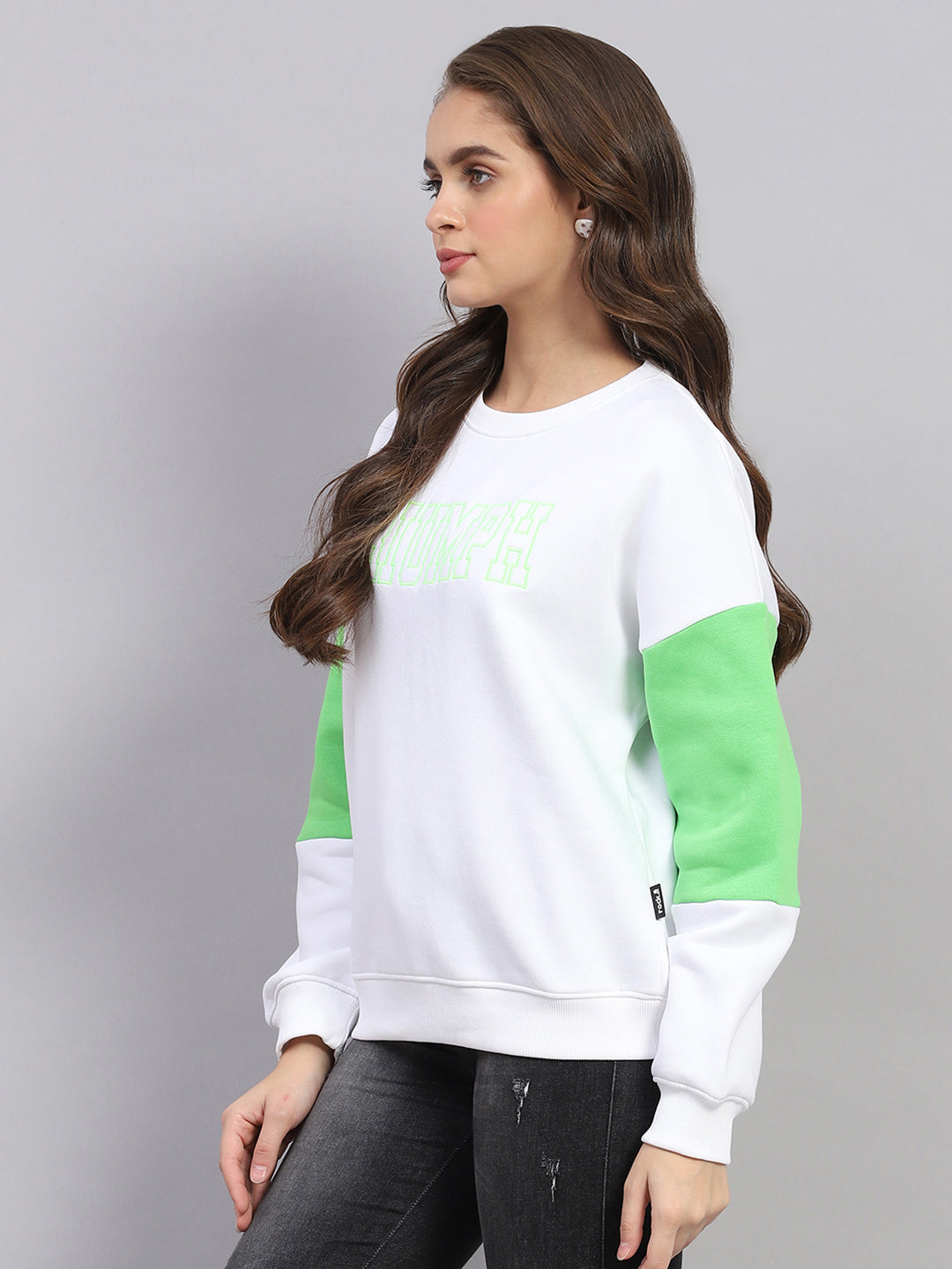 Women White Printed Round Neck Full Sleeve Sweatshirt