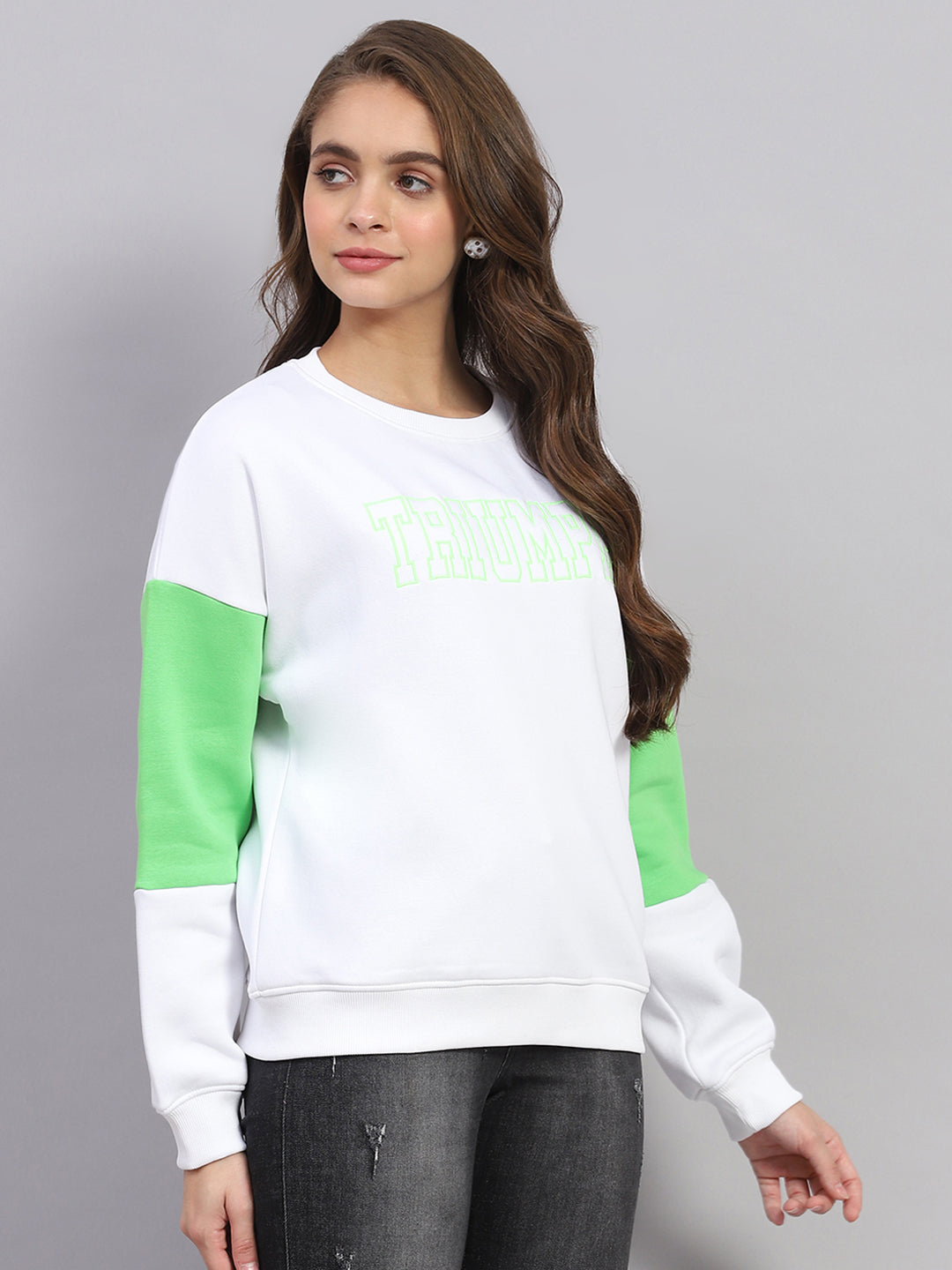 Women White Printed Round Neck Full Sleeve Sweatshirt