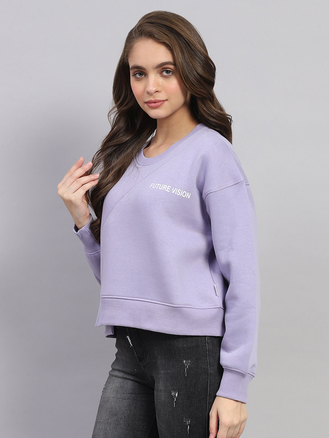 Women Purple Printed Round Neck Full Sleeve Sweatshirt