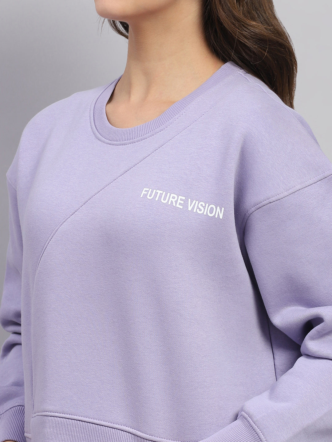 Women Purple Printed Round Neck Full Sleeve Sweatshirt