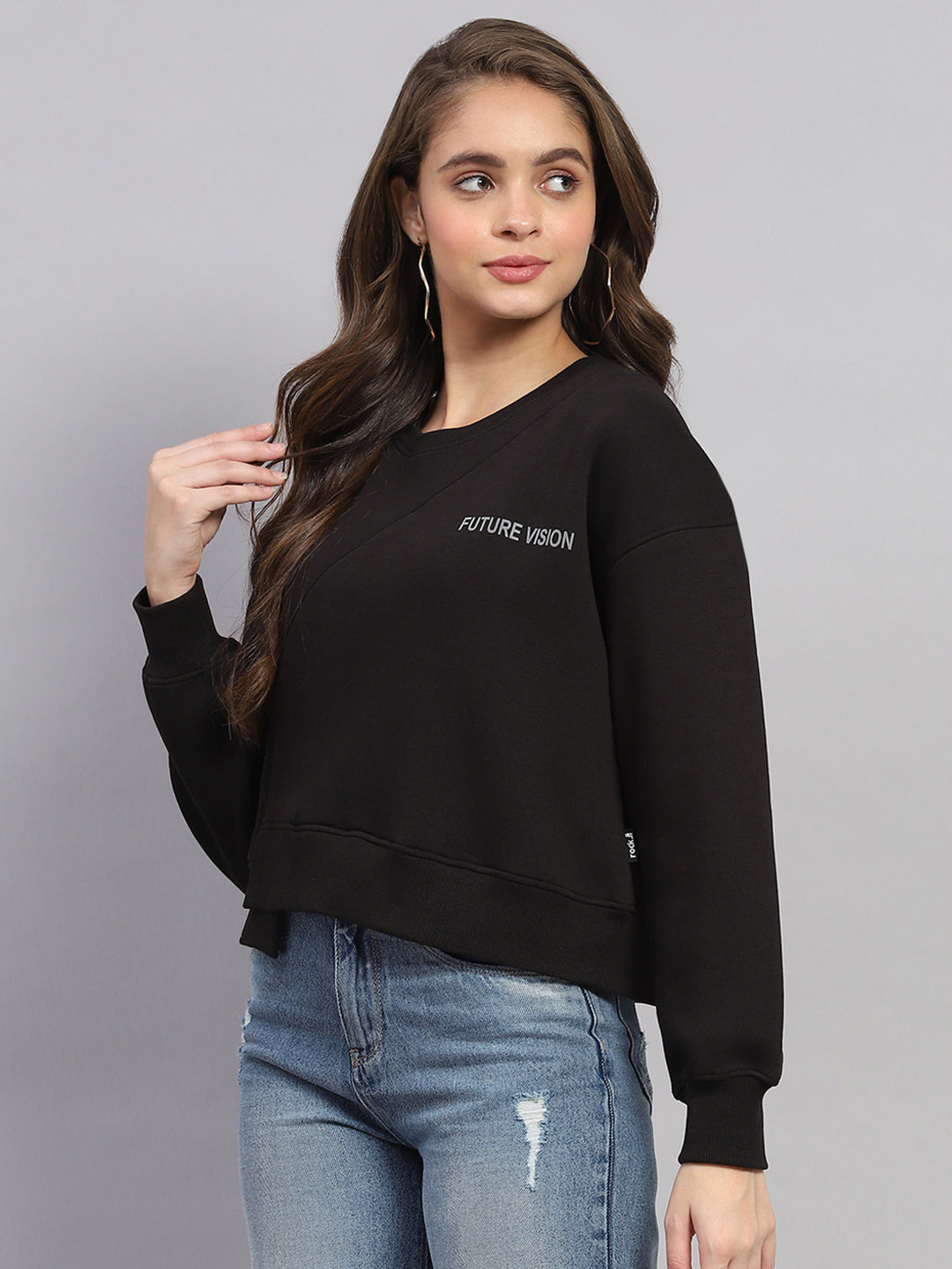 Women Black Printed Round Neck Full Sleeve Sweatshirt