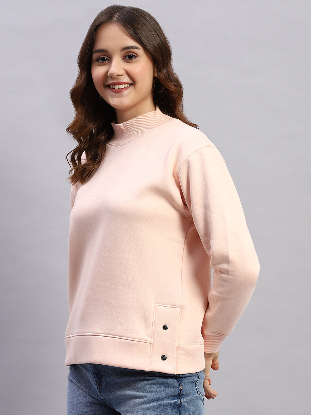 Women Peach Solid High Neck Full Sleeve Sweatshirt