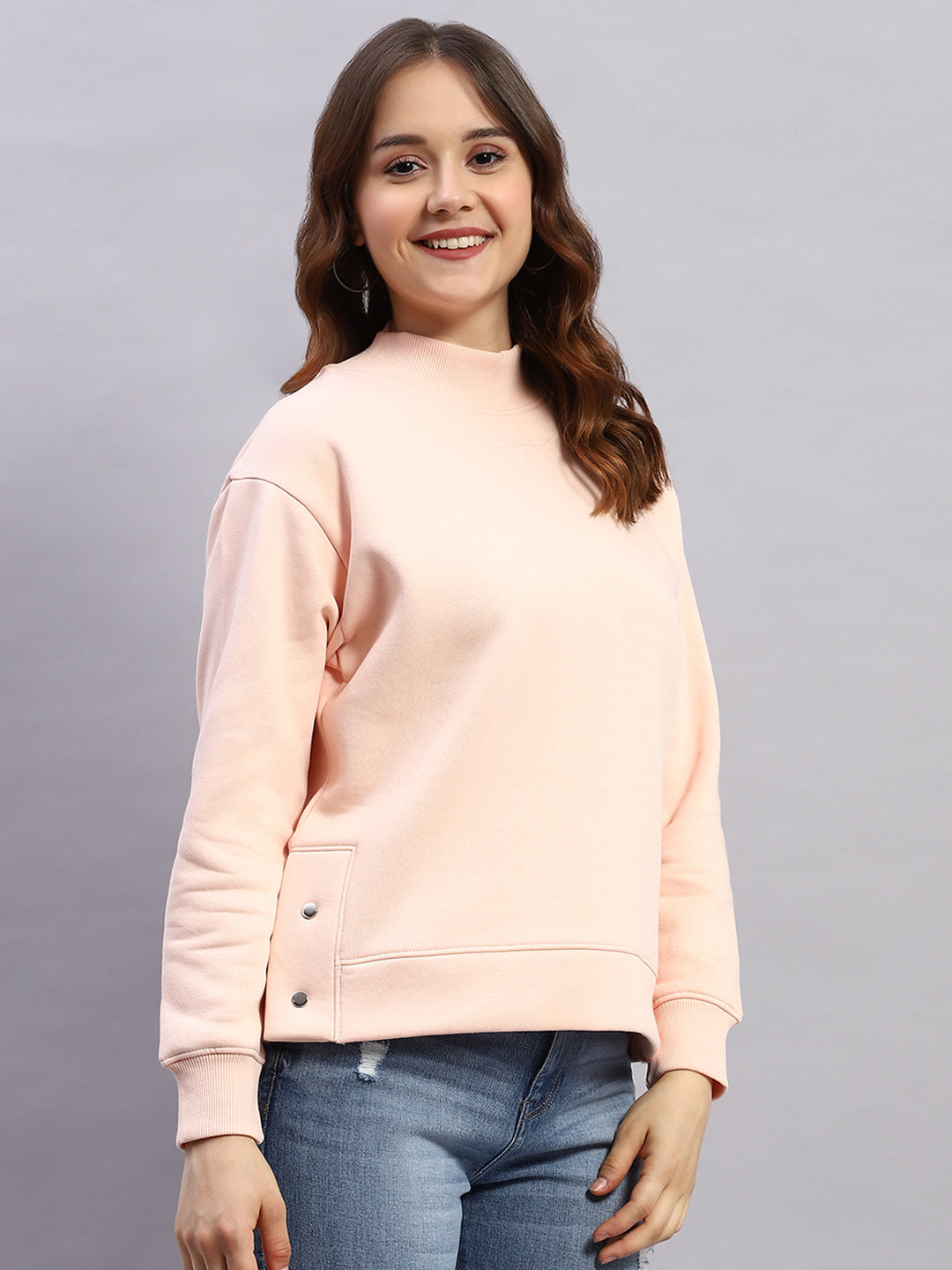 Women Peach Solid High Neck Full Sleeve Sweatshirt