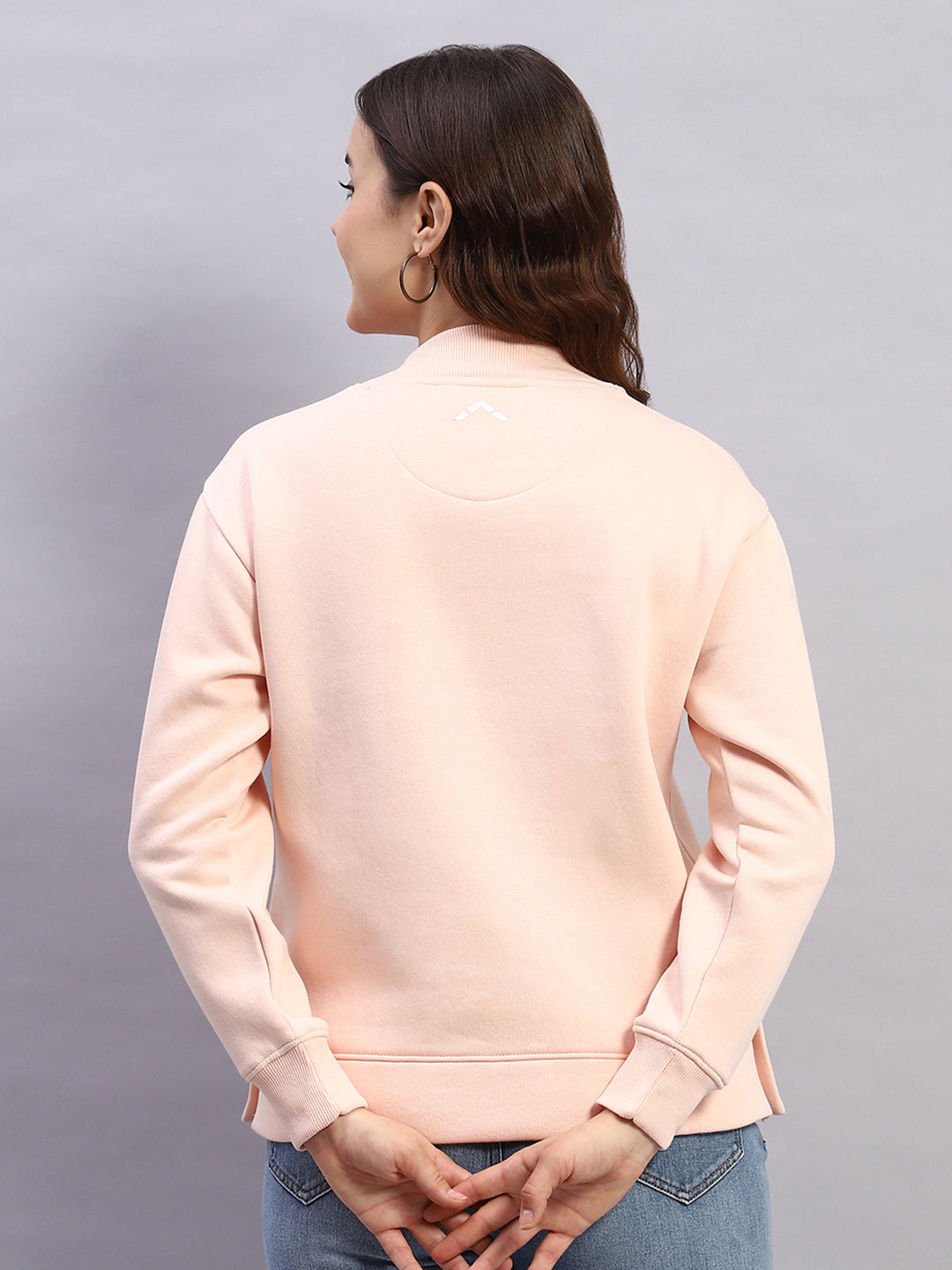 Women Peach Solid High Neck Full Sleeve Sweatshirt