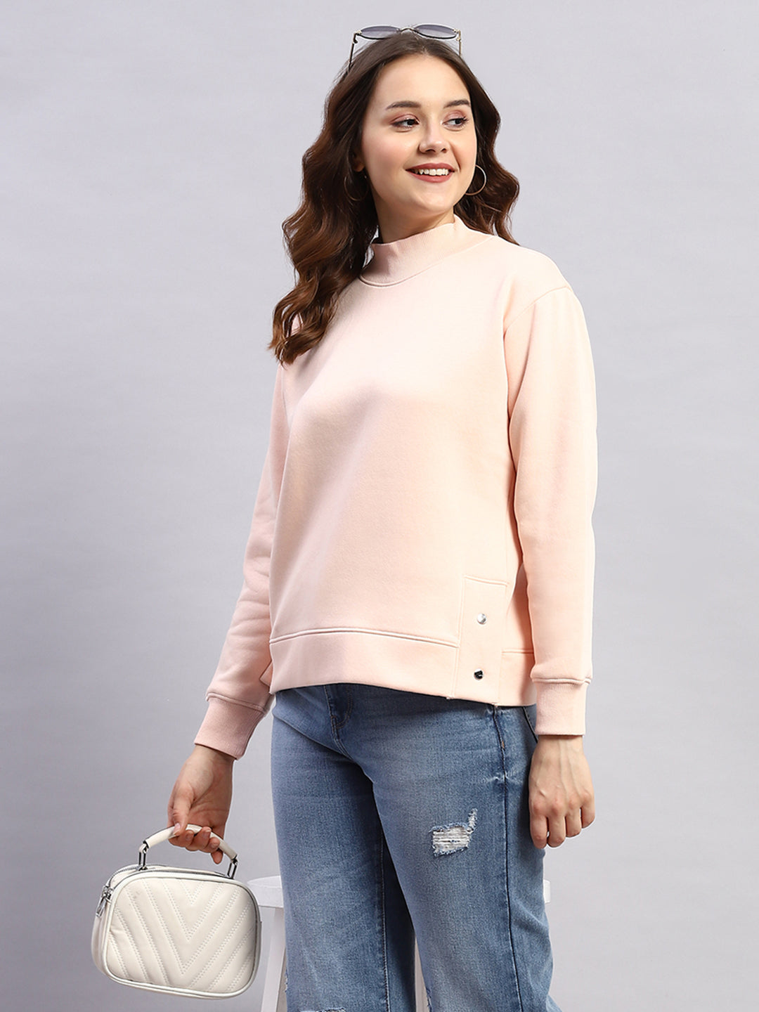 Women Peach Solid High Neck Full Sleeve Sweatshirt