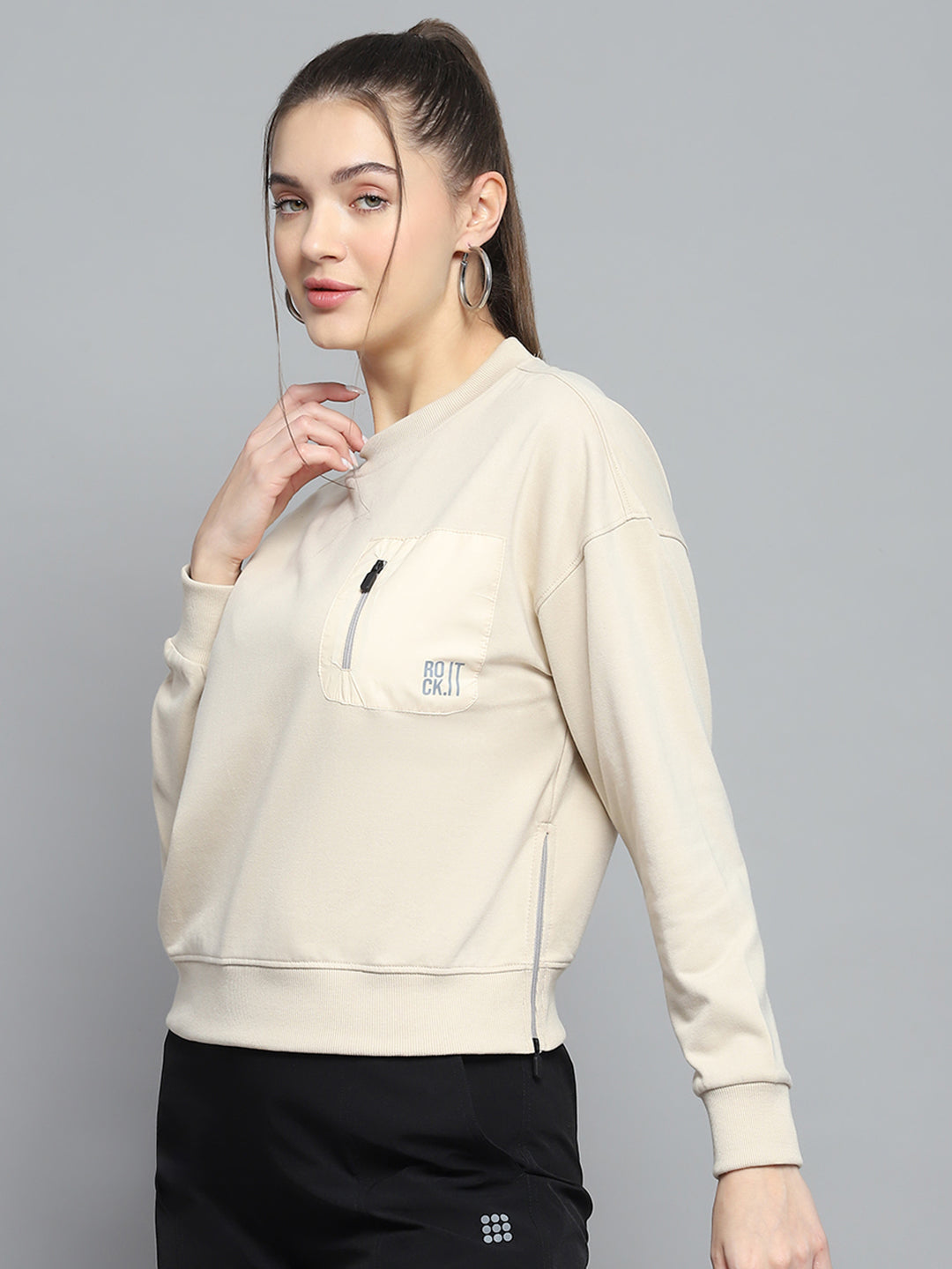 Women Beige Printed Round Neck Full Sleeve Sweatshirt