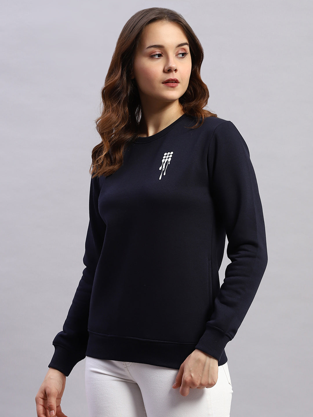 Women Navy Blue Printed Round Neck Full Sleeve Sweatshirt