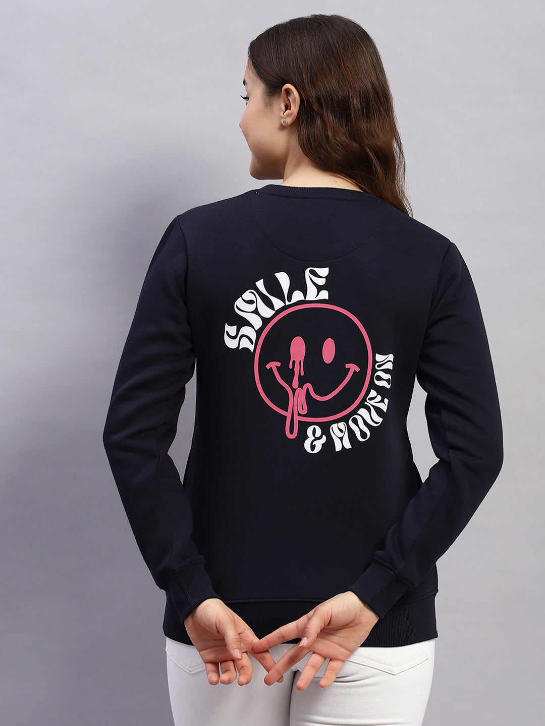 Women Navy Blue Printed Round Neck Full Sleeve Sweatshirt