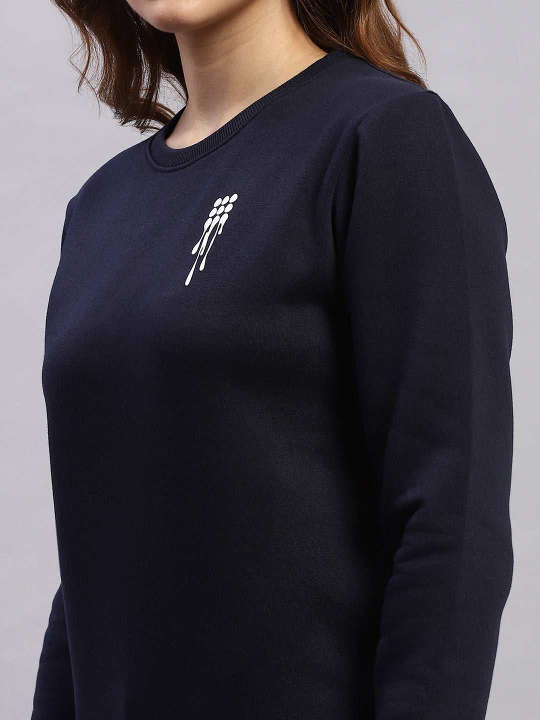 Women Navy Blue Printed Round Neck Full Sleeve Sweatshirt