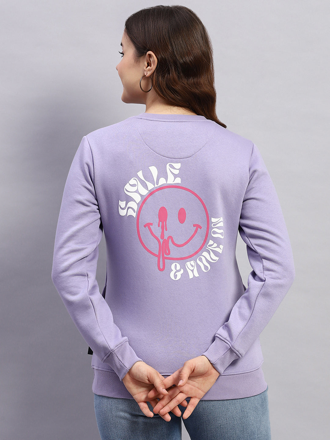 Women Purple Printed Round Neck Full Sleeve Sweatshirt