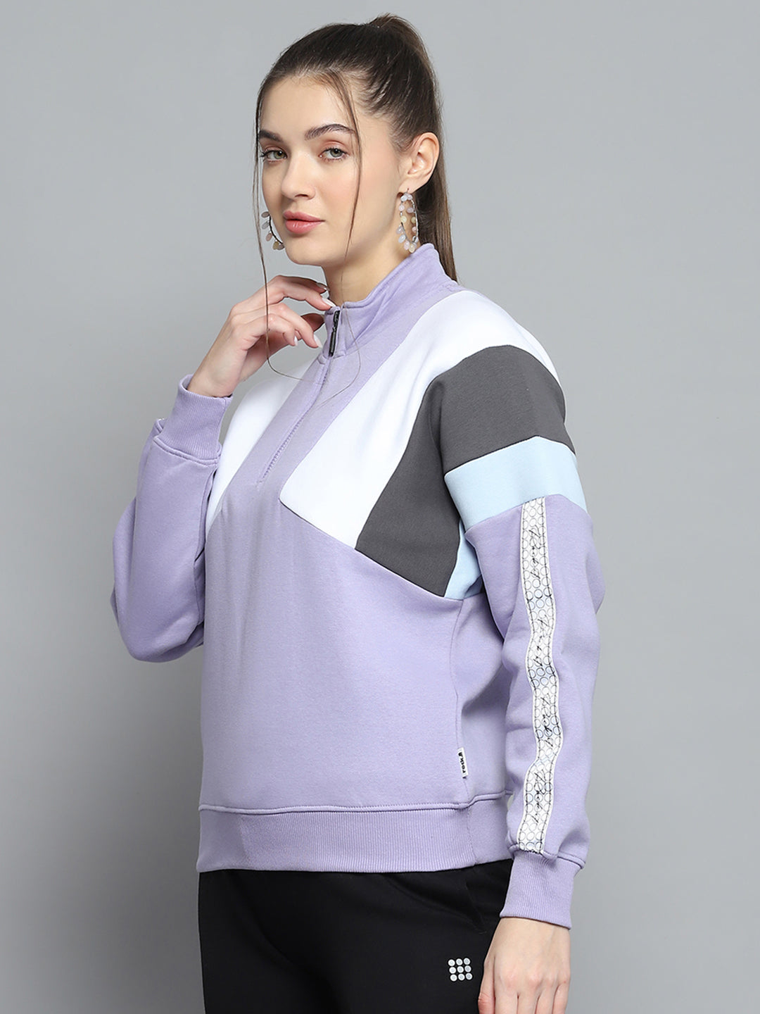 Women Purple Solid Mock Neck Full Sleeve Sweatshirt