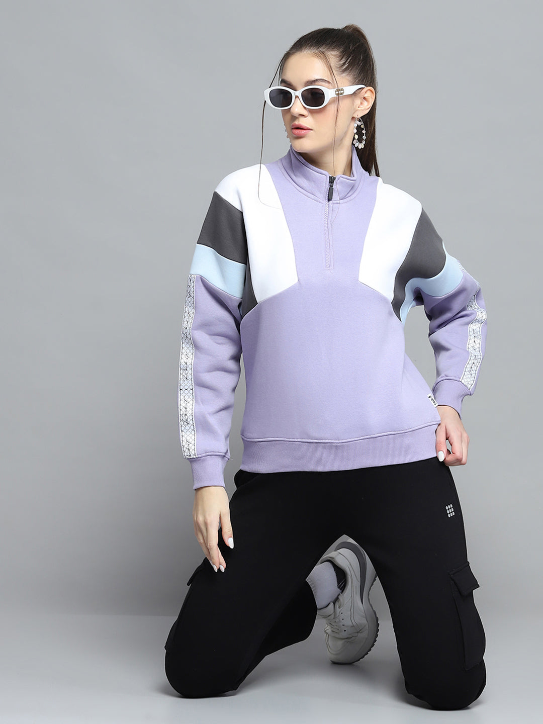 Women Purple Solid Mock Neck Full Sleeve Sweatshirt