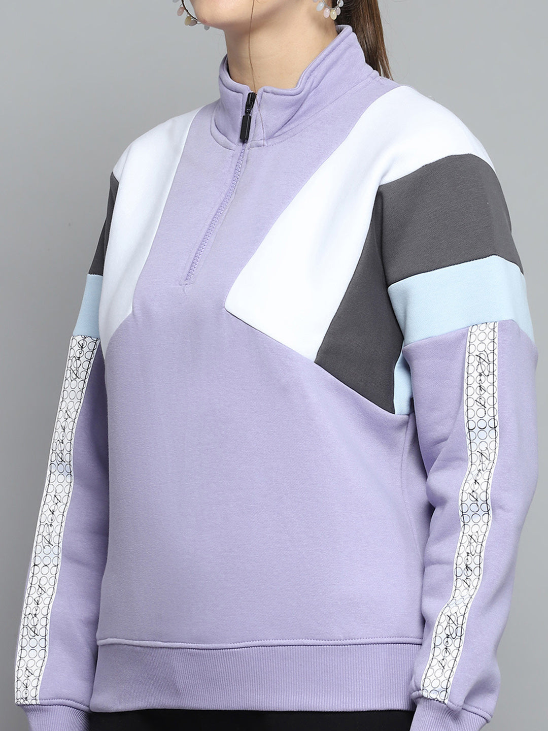 Women Purple Solid Mock Neck Full Sleeve Sweatshirt