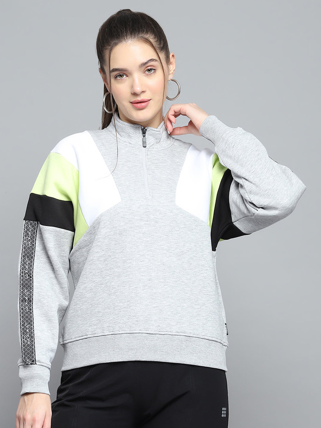 Women Grey Solid Mock Neck Full Sleeve Sweatshirt