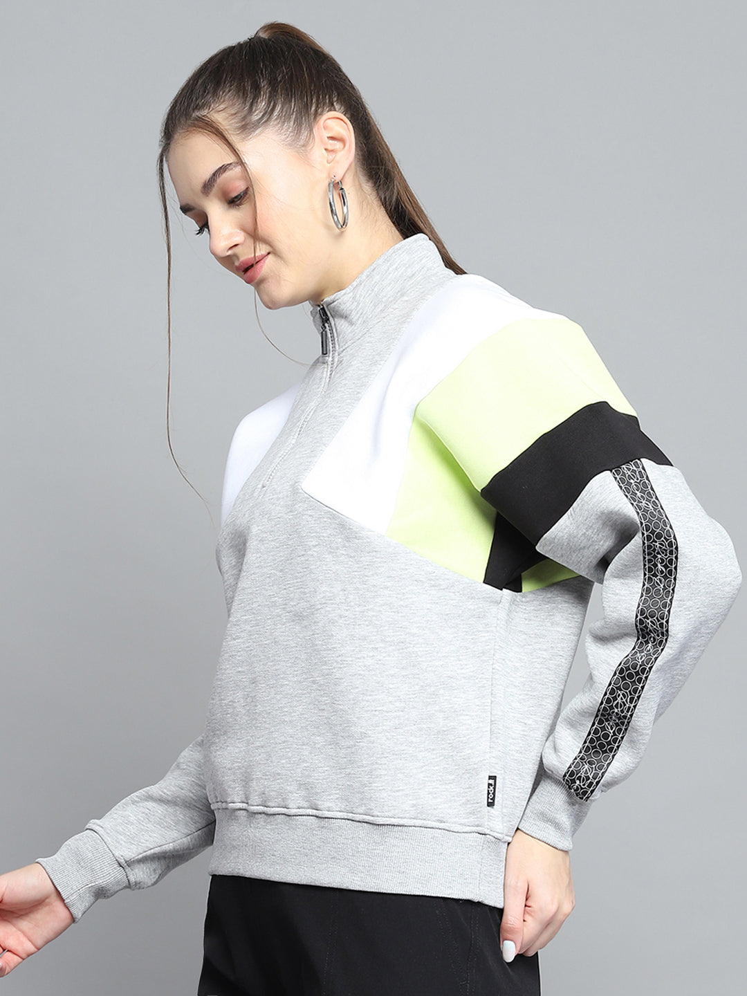 Women Grey Solid Mock Neck Full Sleeve Sweatshirt