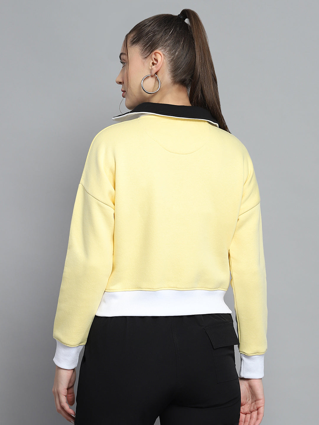 Women Yellow Solid Collar Full Sleeve Sweatshirt