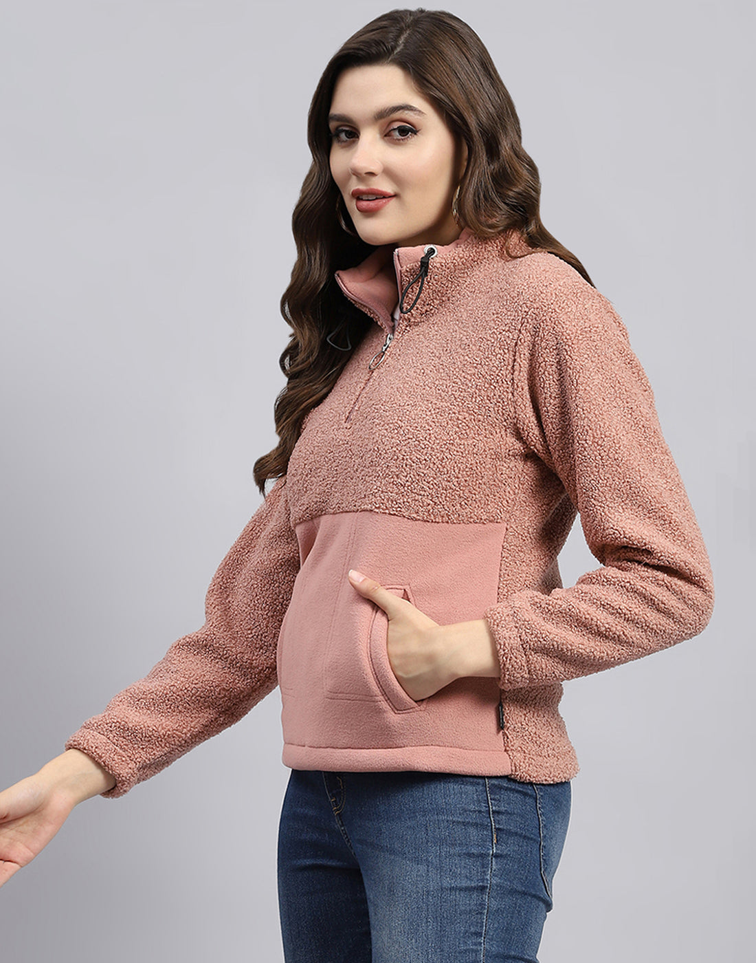 Women Pink Solid Turtle Neck Full Sleeve Sweatshirt