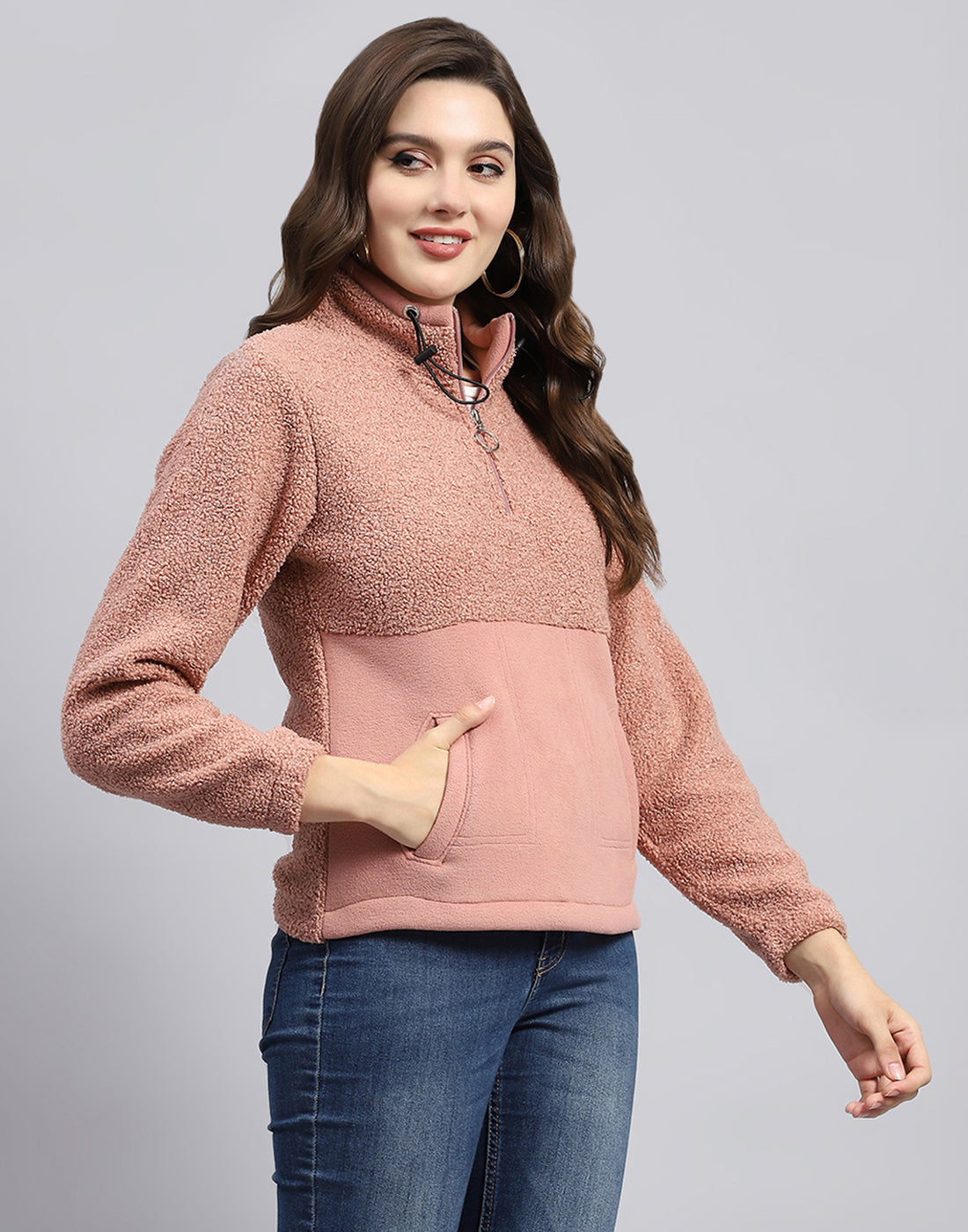 Women Pink Solid Turtle Neck Full Sleeve Sweatshirt