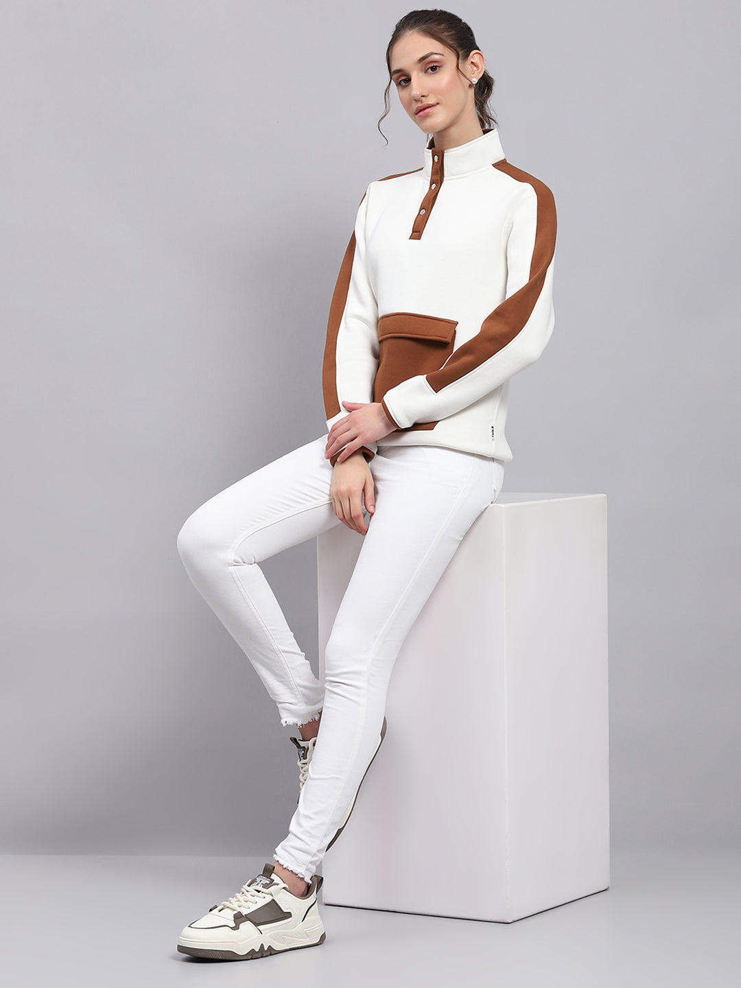 Women White Solid Mock Neck Full Sleeve Sweatshirt