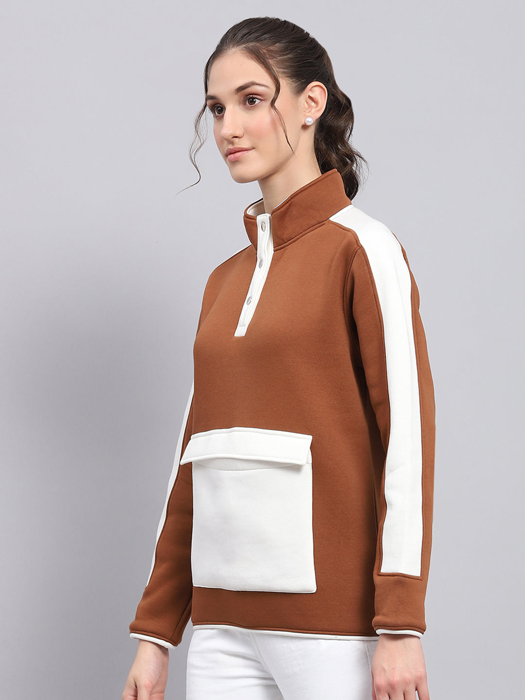 Women Brown Solid Mock Neck Full Sleeve Sweatshirt