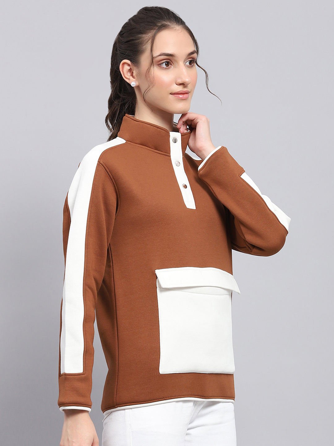 Women Brown Solid Mock Neck Full Sleeve Sweatshirt