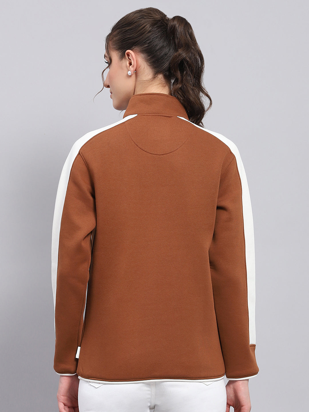 Women Brown Solid Mock Neck Full Sleeve Sweatshirt