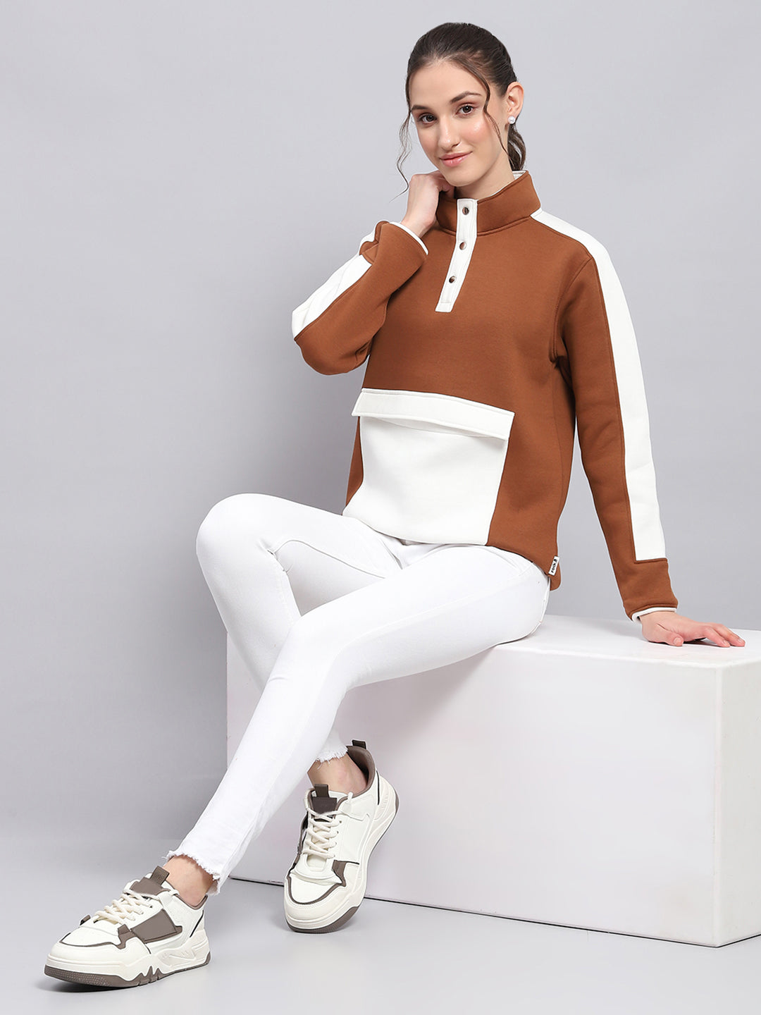 Women Brown Solid Mock Neck Full Sleeve Sweatshirt