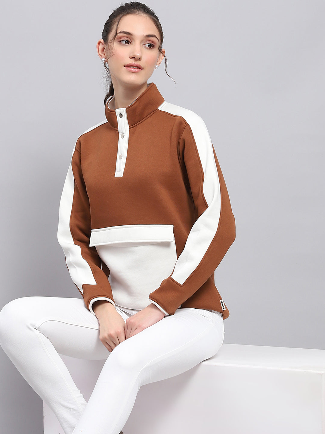 Women Brown Solid Mock Neck Full Sleeve Sweatshirt