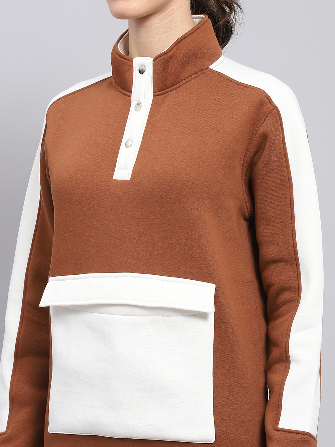 Women Brown Solid Mock Neck Full Sleeve Sweatshirt