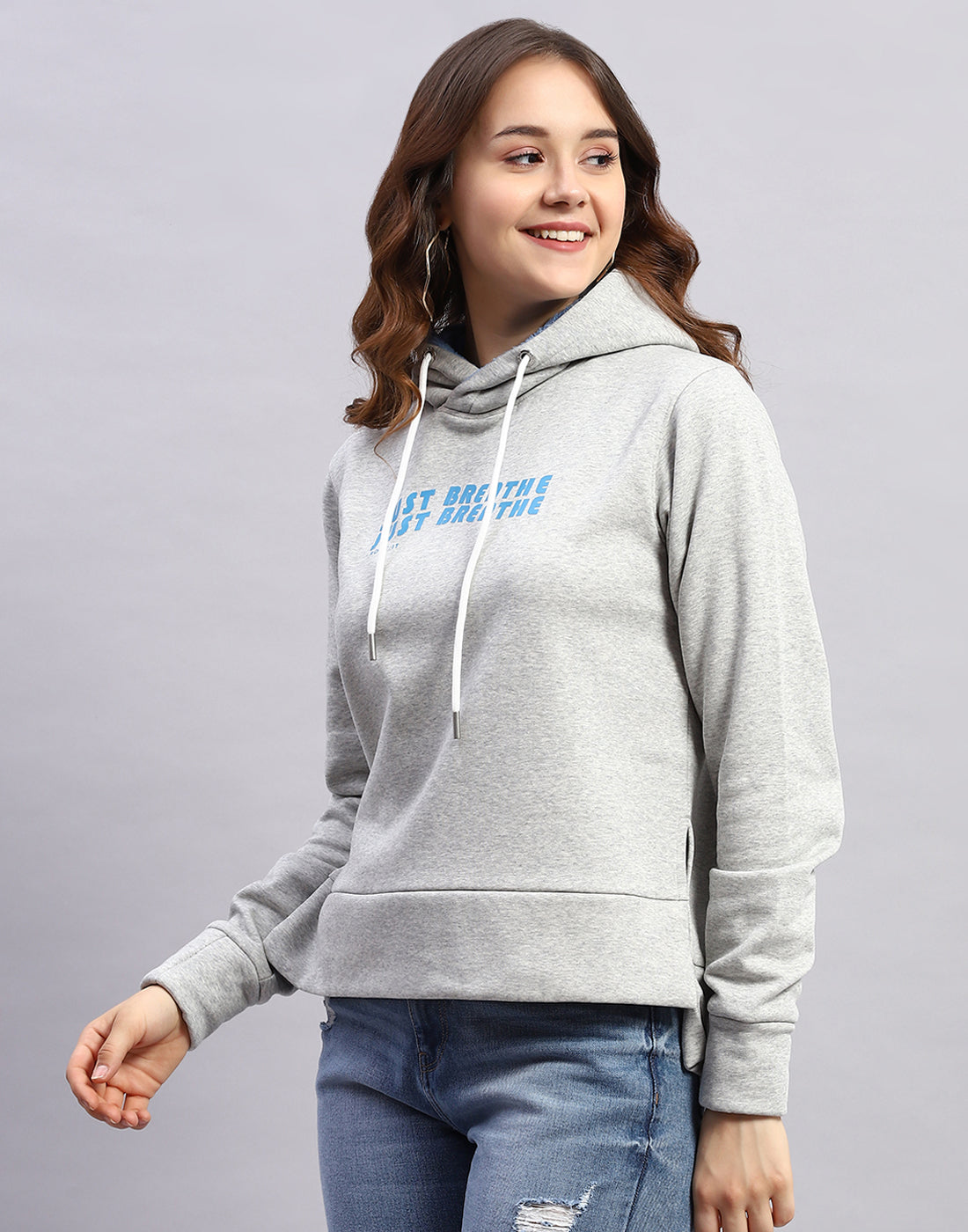 Women Grey Solid Hooded Full Sleeve Sweatshirt