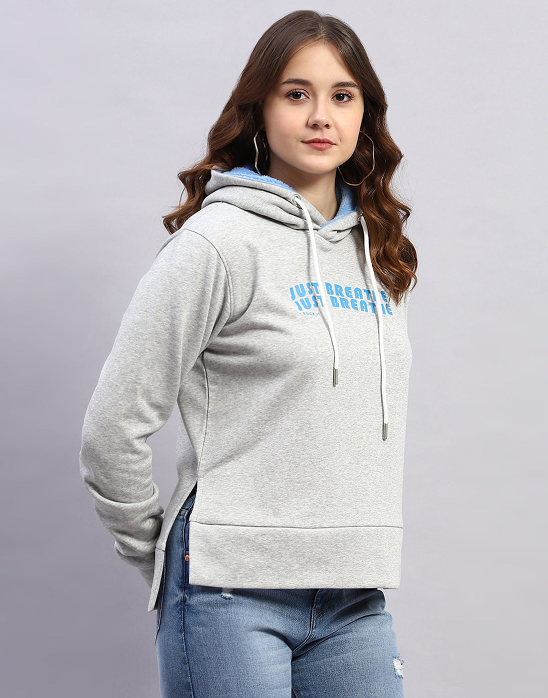 Women Grey Solid Hooded Full Sleeve Sweatshirt