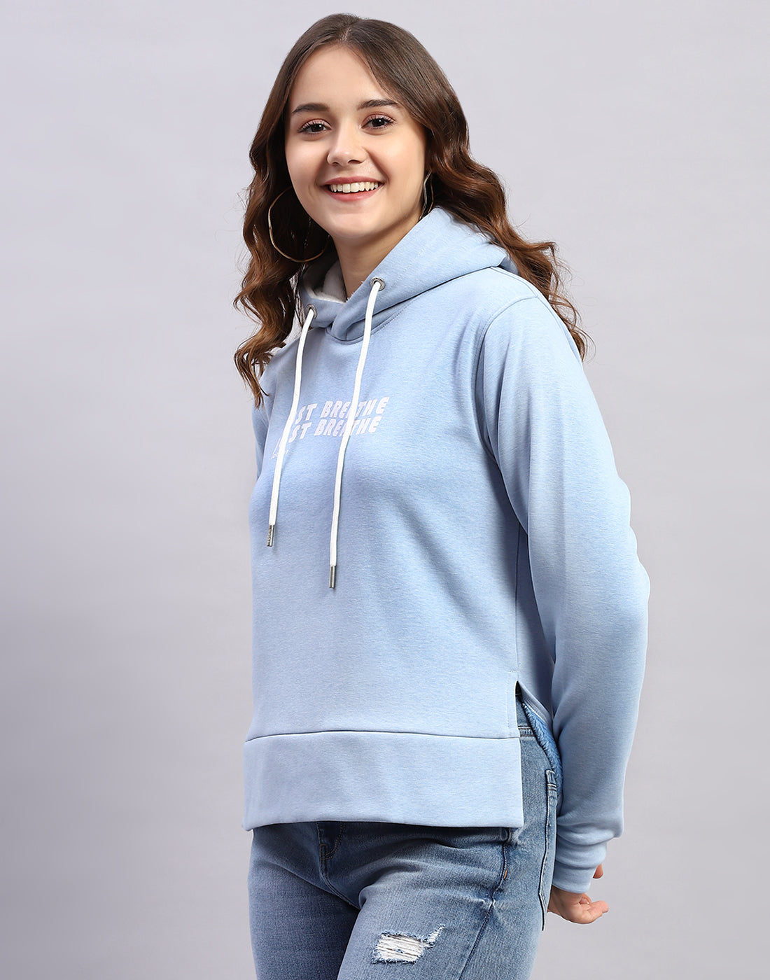 Women Blue Solid Hooded Full Sleeve Sweatshirt