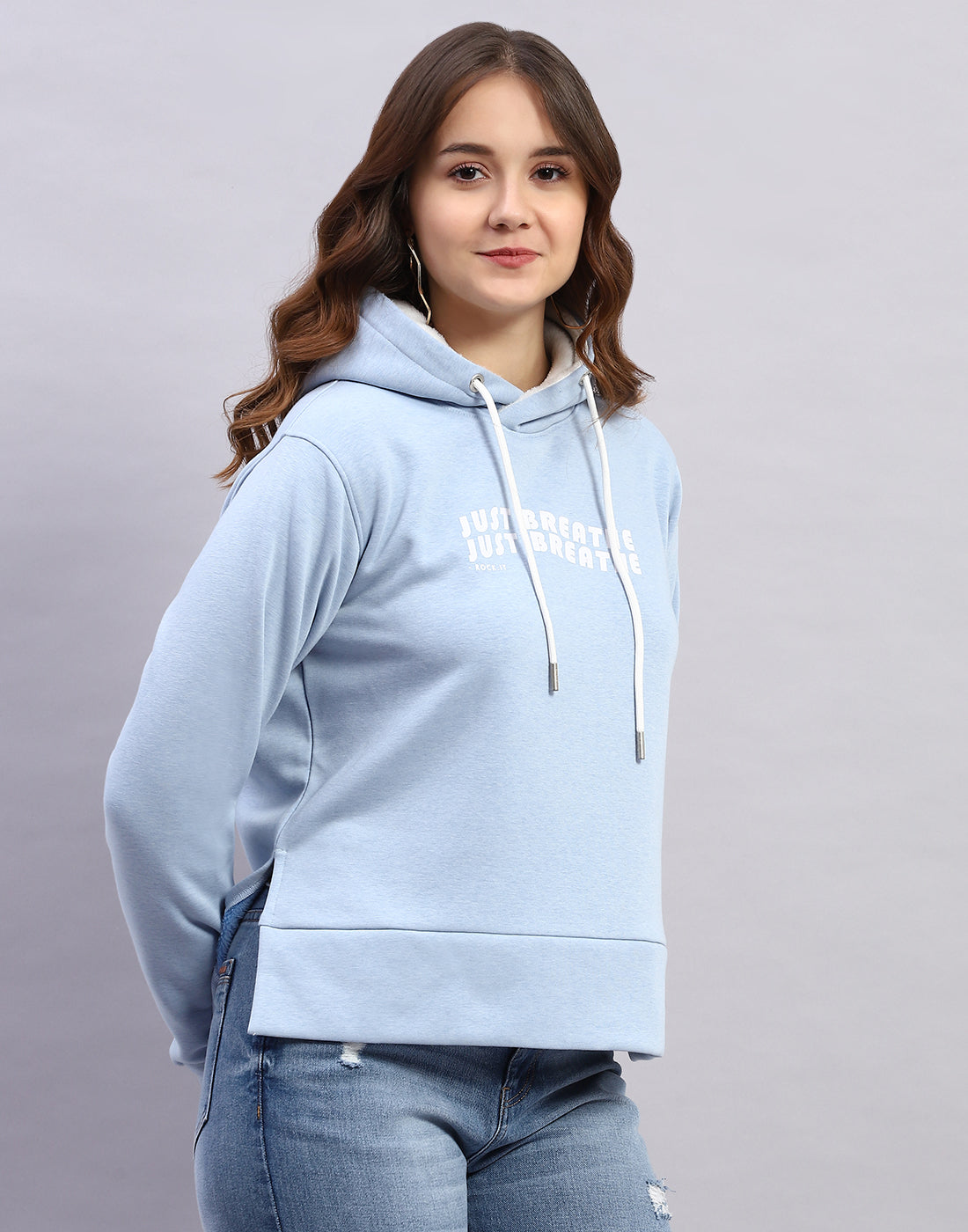 Women Blue Solid Hooded Full Sleeve Sweatshirt