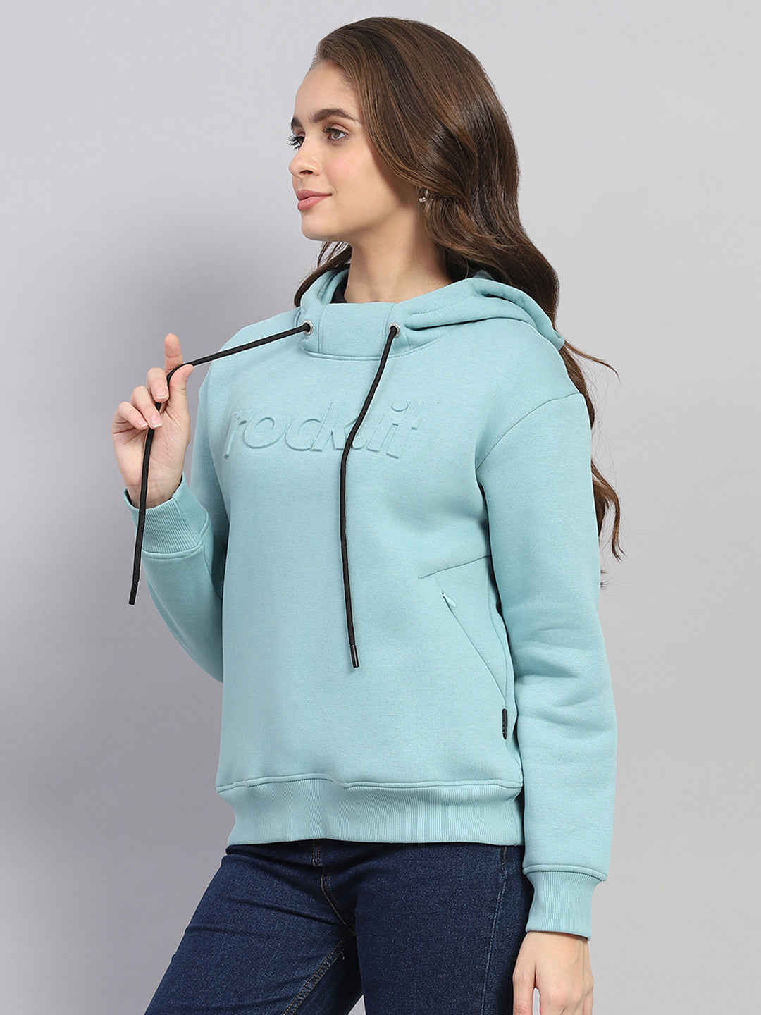 Women Blue Solid Hooded Full Sleeve Sweatshirt