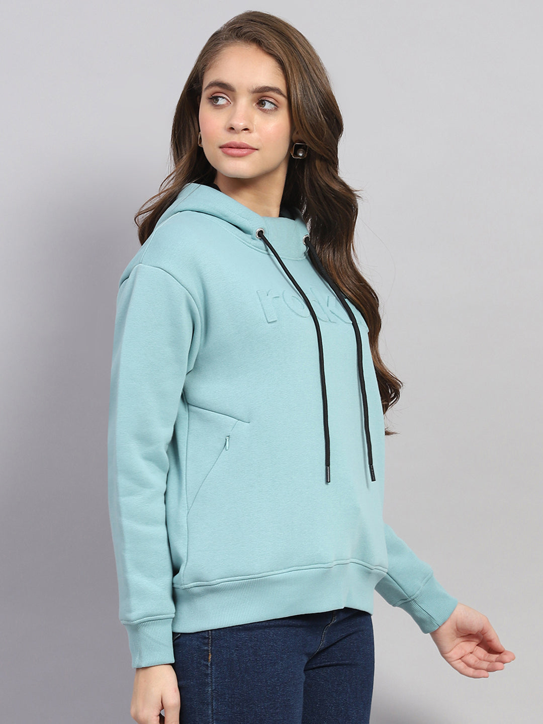 Women Blue Solid Hooded Full Sleeve Sweatshirt