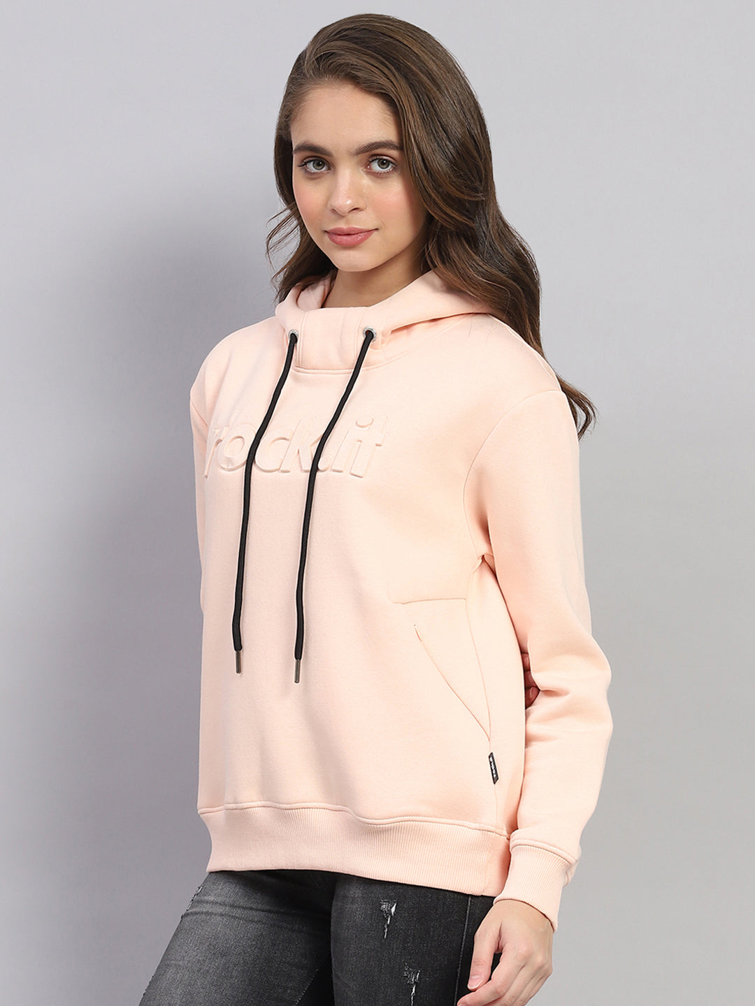 Women Peach Solid Hooded Full Sleeve Sweatshirt