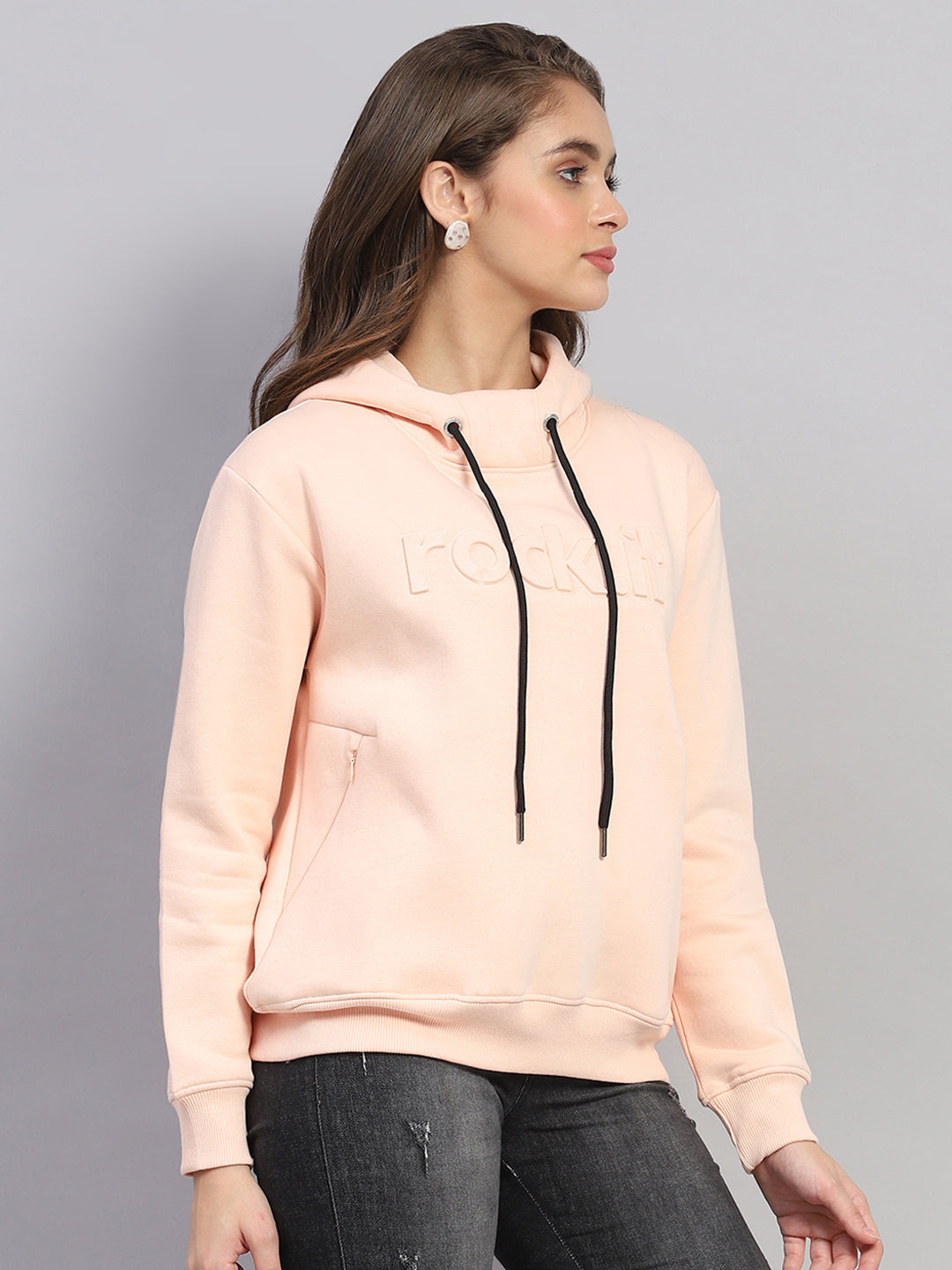 Women Peach Solid Hooded Full Sleeve Sweatshirt